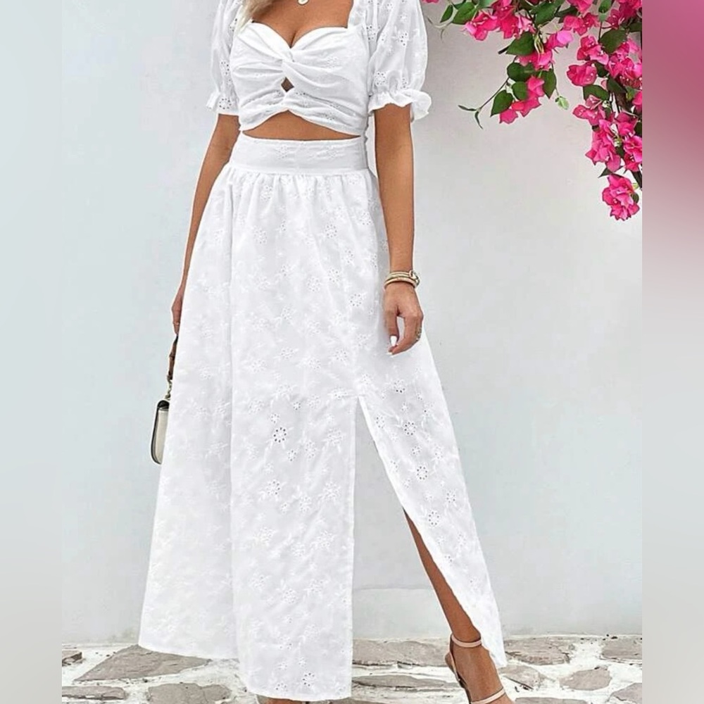 Privé Eyelet Embroidery Twist Front Cut Out Puff Sleeve Ruched Bustier Dress